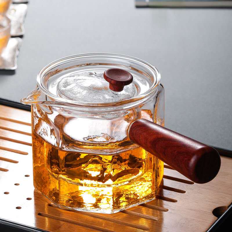 侧把煮茶壶红木把手蒸茶壶电陶炉加热M实木把耐热玻璃日式