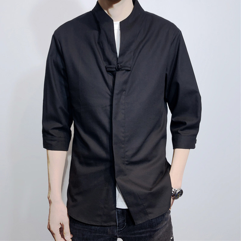 大码中国风春夏七分袖唐装纯色衬衫D休闲汉服N男夏装盘扣棉麻中山