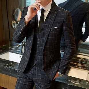 帅气商务正O装 修身 新郎结婚礼服外套 男韩版 高端休闲格子h西服套装