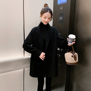 2023新款 黑色显瘦双面羊绒呢子大 女装 秋冬o宽松毛呢外套女中长款