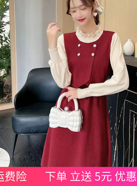 哺乳期洋装秋冬季孕妇装外出时尚辣妈假两件毛衣打底衫哺乳衣服
