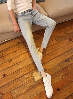 小码牛仔裤男浅蓝色修身小脚裤155矮小个子26 27码V瘦人显高九分