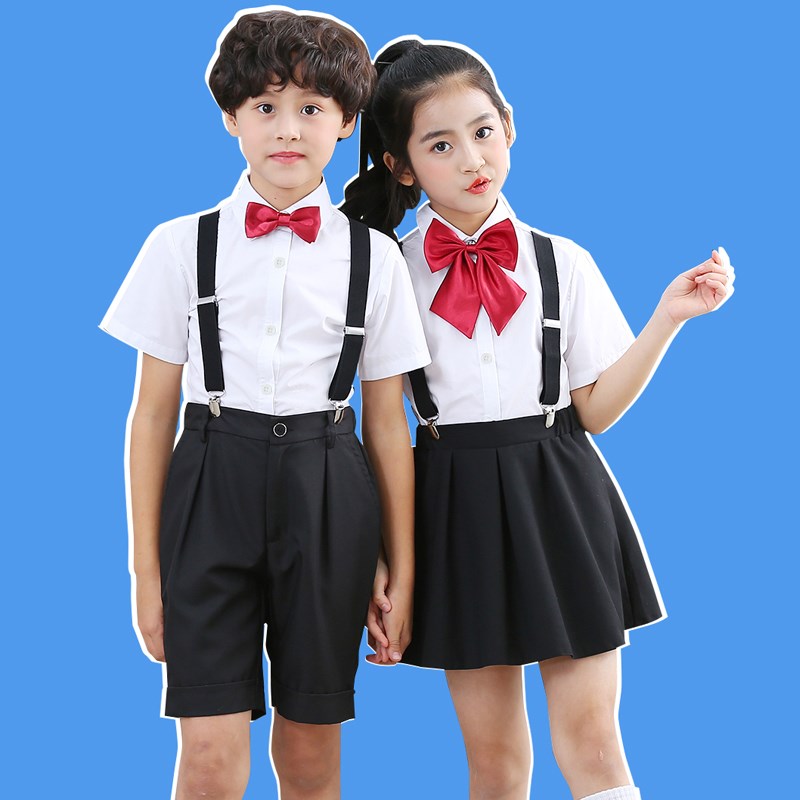 夏季儿童大合唱演出礼服男童白衬衫黑色背带裤幼儿园毕业照西装