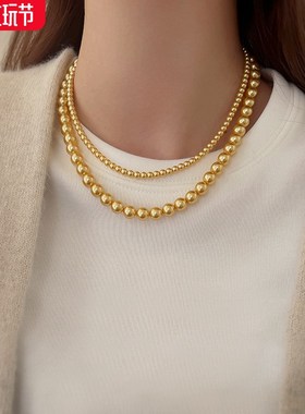 高级感双层金色珍珠项链女轻奢小众卫衣毛衣链颈链送妈妈生日礼物