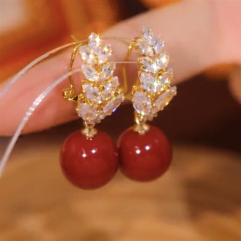 大红色闪亮满钻麦穗耳扣耳环女新年喜庆红色耳坠2023新款气质耳饰