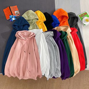 多色春秋连帽纯卫衣加p绒加厚韩版潮流宽松暖男情侣女学生班服外