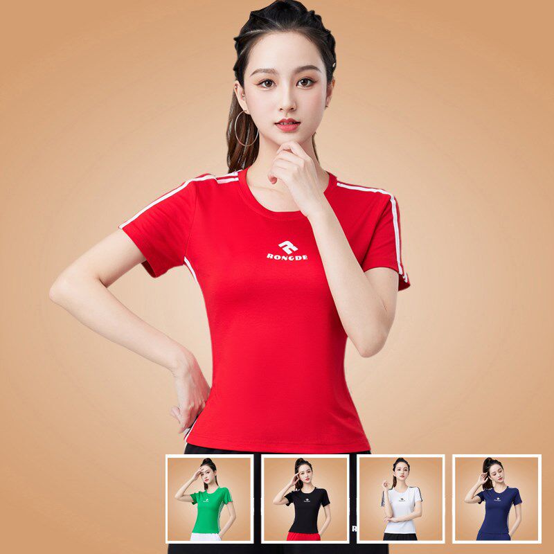 广场舞服装运动短袖上衣夏季体操舞D蹈跳舞跑步修身圆领纯棉套装