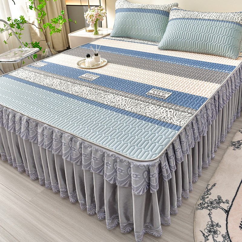 2024新款冰丝j乳胶凉席三件套床裙可机洗折叠夏天空调席水洗床垫