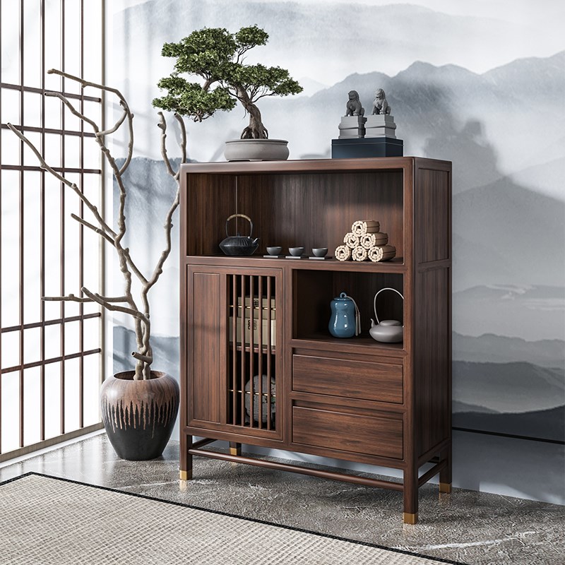 新中式榆木餐边柜一体靠墙储物柜玄关柜实木茶水柜矮柜收纳柜