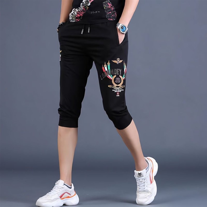 夏季新款过膝七分裤男休闲裤潮流时尚修L身束脚短裤薄款冰丝马裤