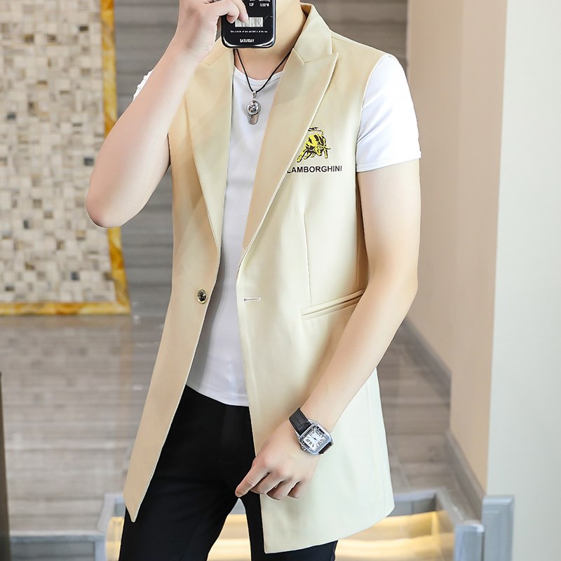 马甲个性百搭马甲男港风翻领夏季中长款外套潮流春秋无袖马夹坎肩