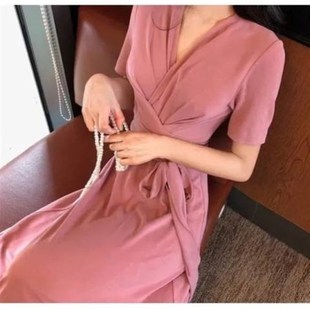 复古仙女g超仙甜美红色连衣裙搭配绑带收腰显瘦气质过膝长裙 法式