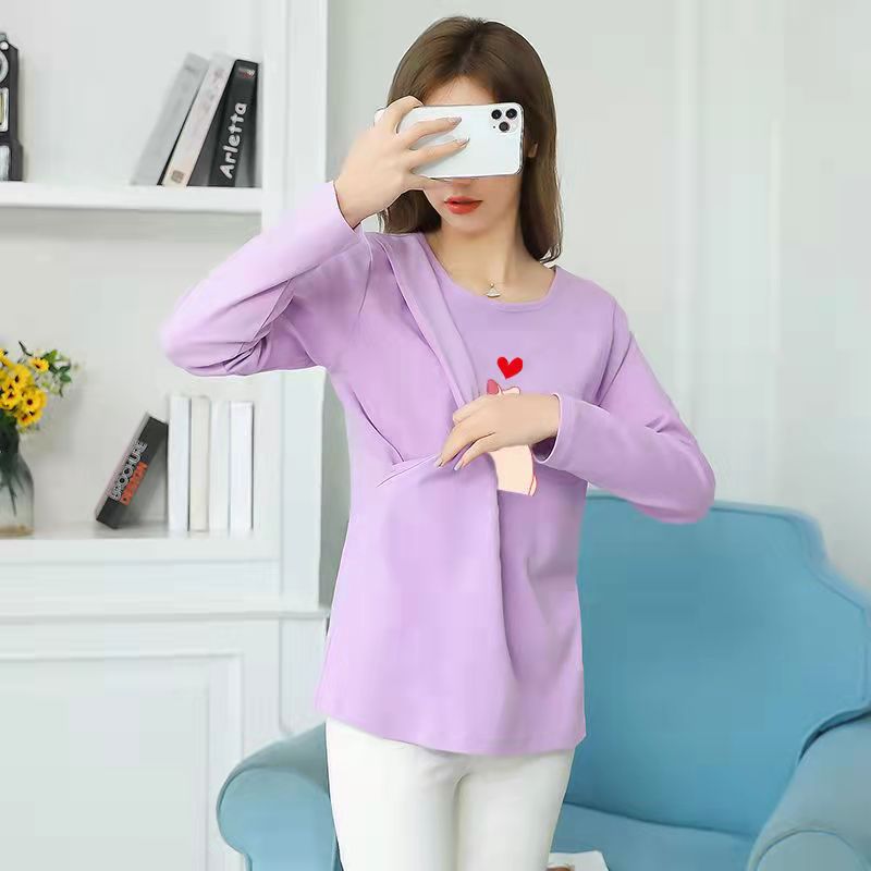 春秋季纯棉月子服哺乳上衣产后孕产妇外出长袖t桖喂奶衣宽松辣妈