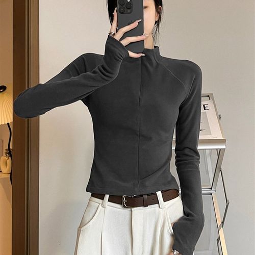 立领德绒打底衫女内搭秋冬时尚半拉链长袖T恤Q显瘦洋气半高领上衣