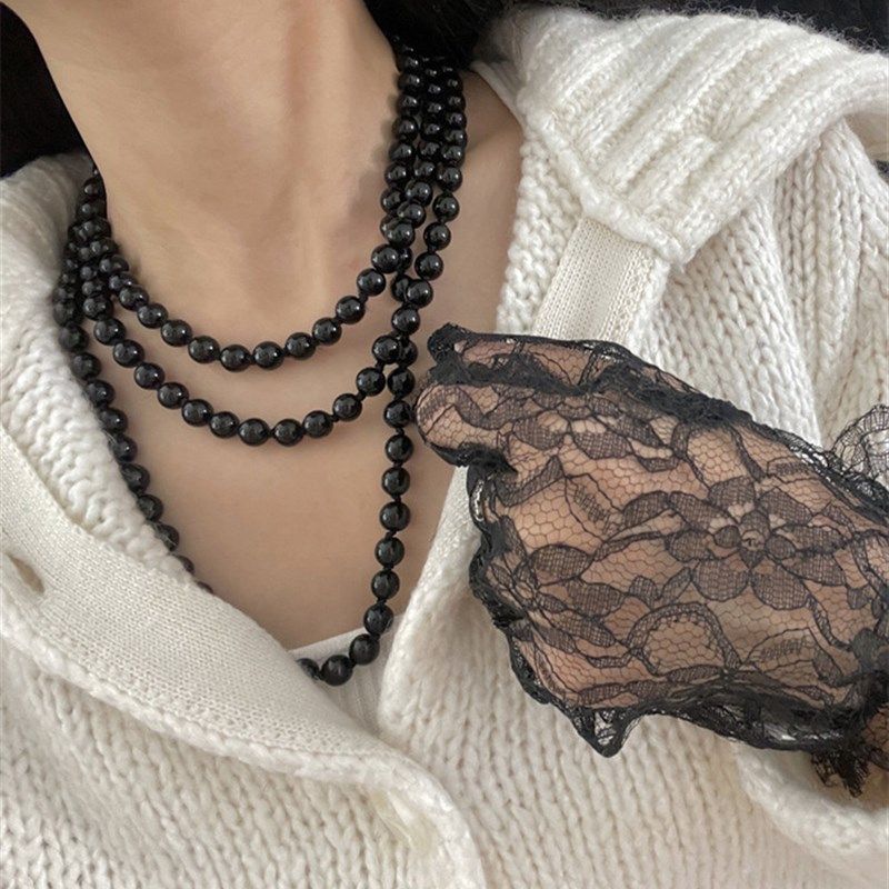 美芽的店~ 赫本风的优雅 黑色长珍珠锁骨链毛衣链