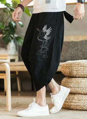 亚麻印花八分裤男款夏季中国风棉麻灯笼裤大码宽松阔腿七分哈伦裤