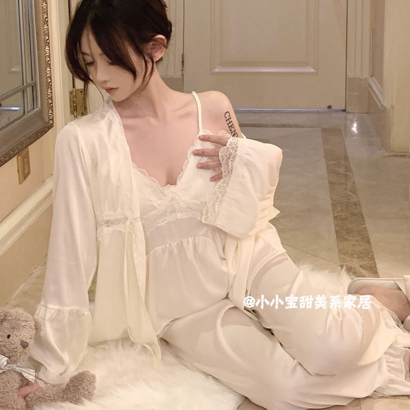 法式复古纯欲风带胸垫睡衣女春夏冰丝丝绸蕾丝公主风仙女家居服