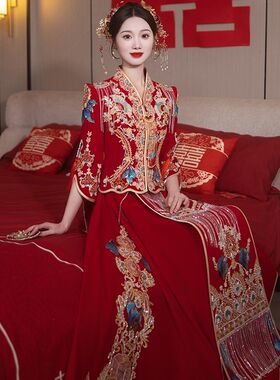 B19秀新娘2023年新款重工中式婚纱结婚礼服高R档丝绒出阁敬酒服冬