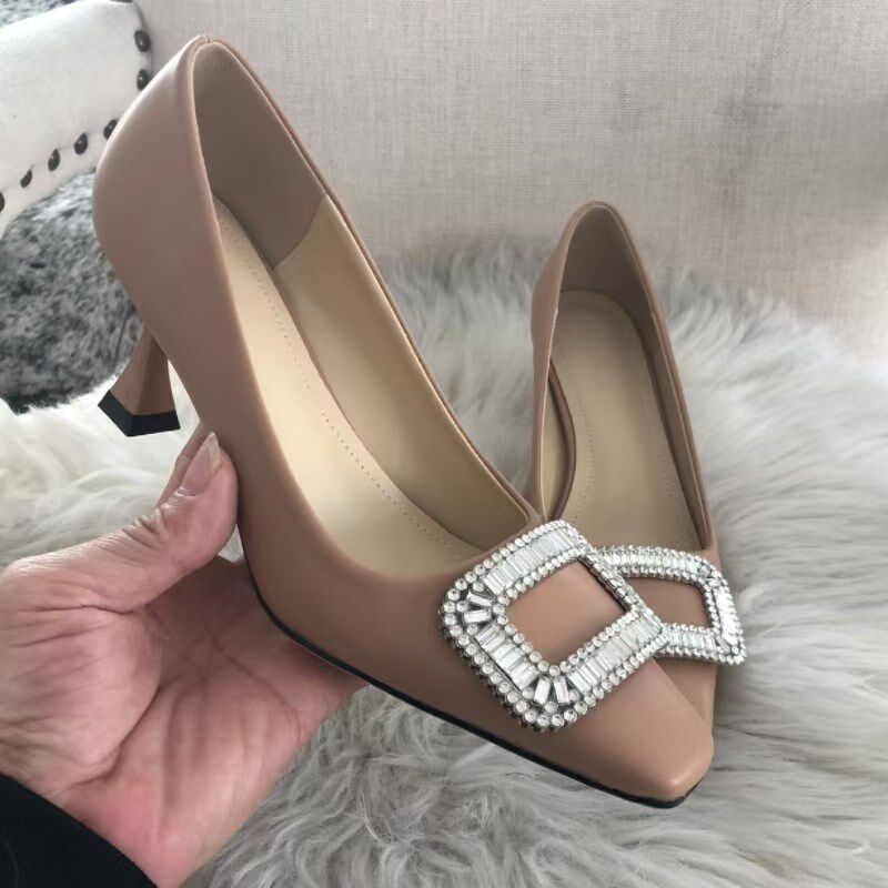 小雨家2025早春新款气质水钻方扣细跟单鞋女通勤百搭方头高跟瓢鞋