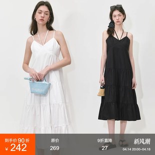 新I款 范洛甜美少女蛋糕连衣裙女2025夏季 挂脖V领收腰显瘦优雅长裙