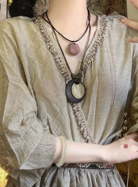 新中式禅意长款羽毛吊坠项链女复古民族风毛衣链废土风文艺配饰品