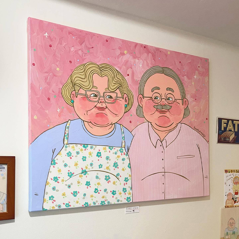 bomsamuso老夫老妻多巴胺客厅装饰画治愈系卧室床头挂画玄关壁画图片