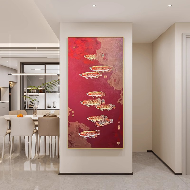 轻奢新中式寓意好九鱼图装饰画客厅过道背景墙肌理画玄关别墅挂画图片