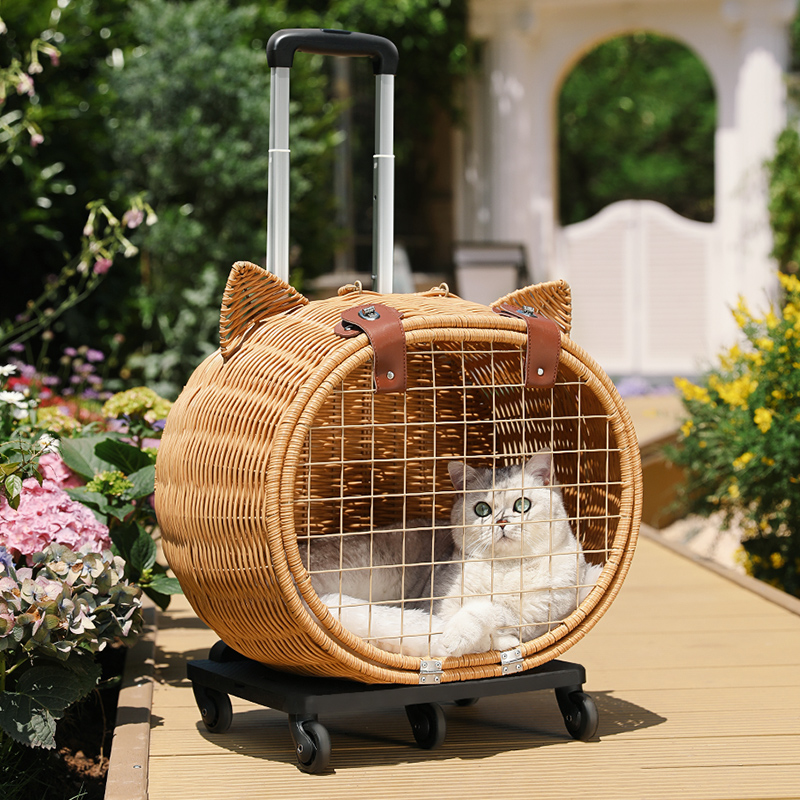 宠物拉杆b箱猫包外出便携藤编猫咪小狗狗推车行李箱透气猫窝猫背
