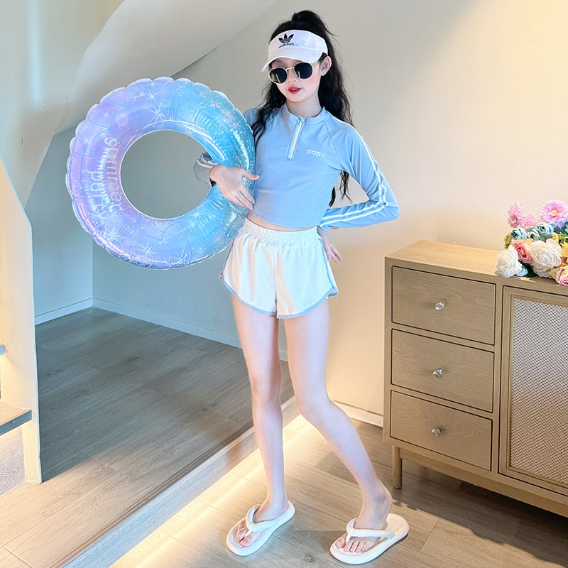女童泳衣高颜值2025新t款儿童洋气分体泳装大童女孩长袖防晒游泳