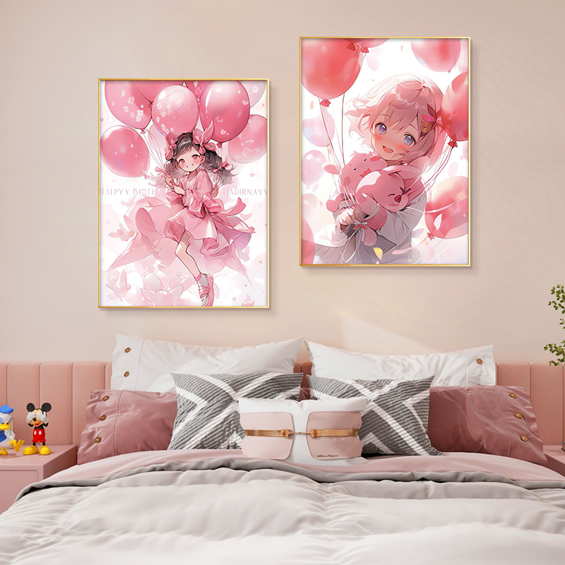 卡通漫画人物儿童房装饰画女孩房B间床头背景墙挂画粉色墙面壁画图片