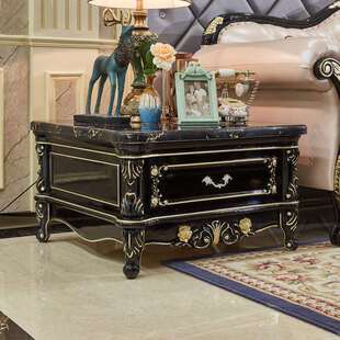 欧式实木方几黑檀色客厅配套沙发角几大理石面80cm方带抽屉茶几