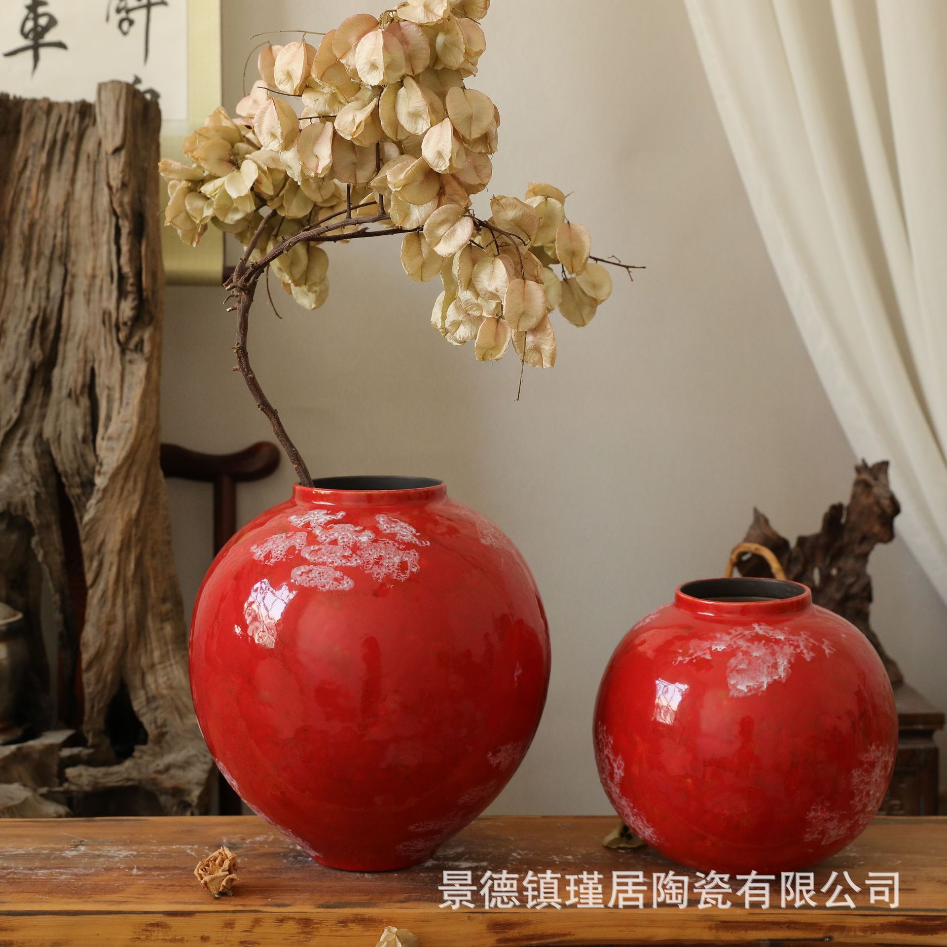 新年红插花花瓶纯手工拉坯陶瓷高温釉红色雪花釉花瓶玄关餐桌摆件