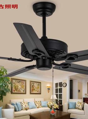美式吊扇灯黑色复古实木五叶风扇灯客厅餐厅工业风电扇灯吊灯