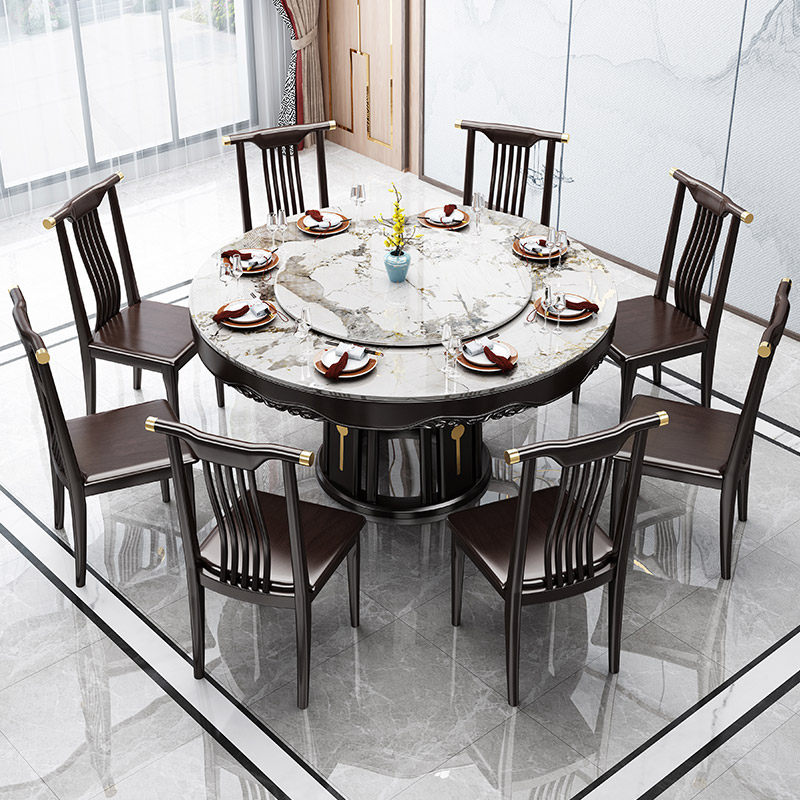 新中式全实木大理石岩板餐桌椅组合酒店带转盘大圆桌家用饭桌餐桌