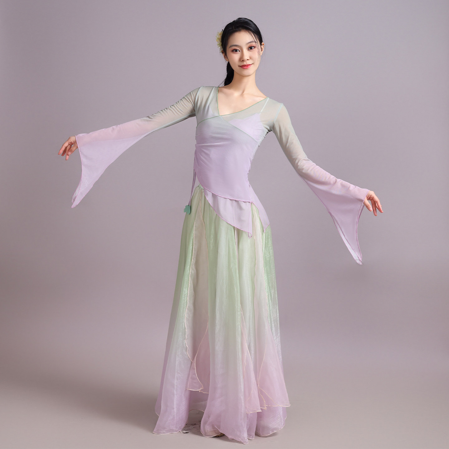 新款古典舞蹈服女中国风紫绿渐变身韵纱衣飘逸大裙摆舞台装演出服