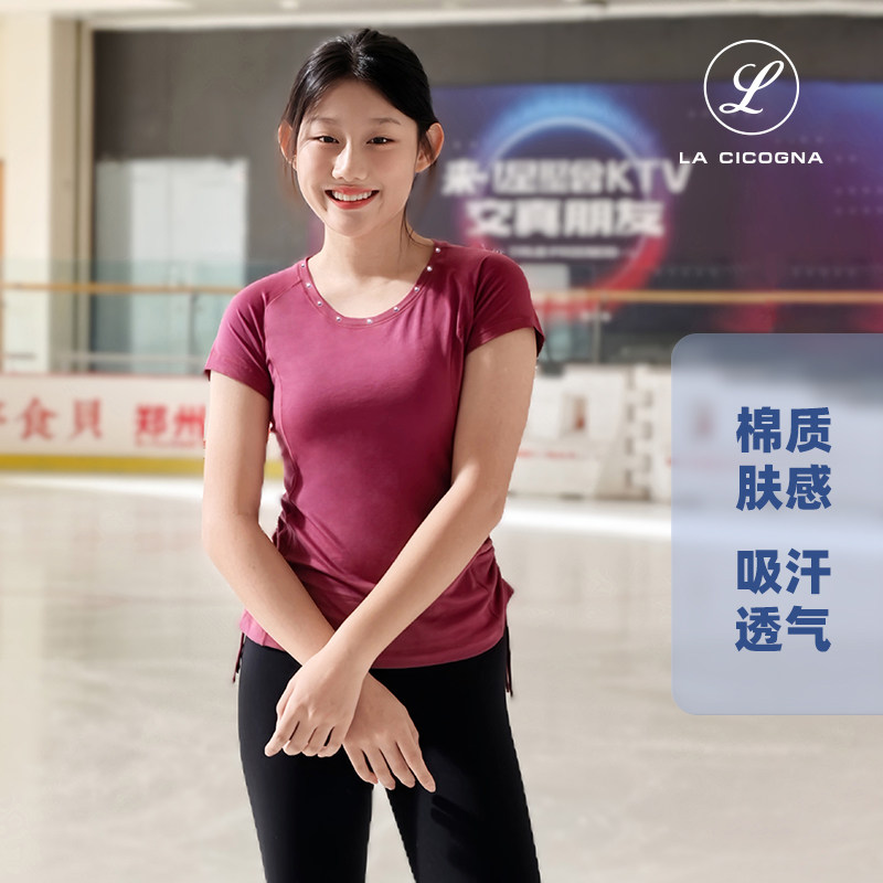 新品L家花样滑冰服儿童吸汗透气圆领镶钻高弹女春夏款短袖训练服