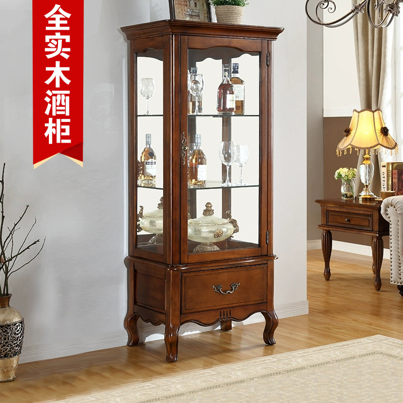 美式实木红酒柜单门玻璃展示柜欧式靠墙酒柜家用客厅装饰柜餐边柜
