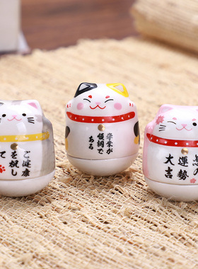 陶瓷日式创意礼品陶瓷招财恋爱来运猫摆件卡通猫不倒翁粉色灰色