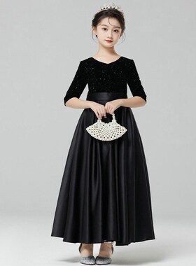 洋气女童黑色礼服长裙子小女孩公主连衣裙儿童走秀钢琴表演出服装