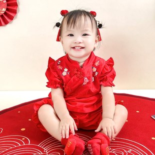 夏季抓周礼服女宝宝红色中国风儿童百天衣服周岁生日纯棉夏装套装