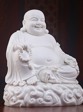 戴玉堂陶瓷摆件10吋坐云弥勒德化白瓷佛像供奉家用大肚弥勒佛笑佛