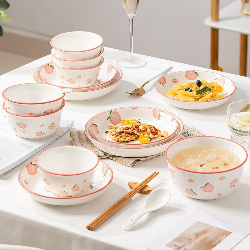 尚行知是日式碗碟套装家用可爱水蜜桃餐具16件套碗盘子碟子筷勺