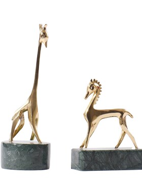 长颈鹿桌面摆件金色铜大理石金属动物装饰品客厅电视柜摆设工艺品