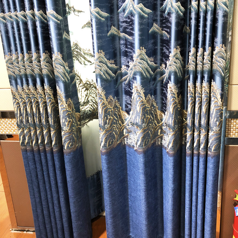 2021流行高档新中式复古奢华大气客厅卧室山水画绣花窗帘窗纱定制