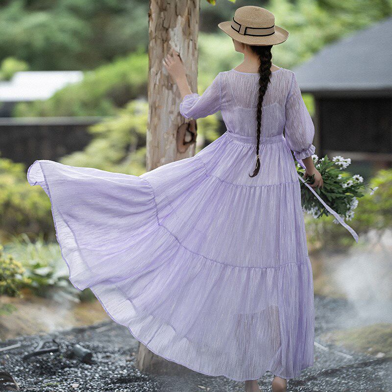 忆旧【人间烟火】白色连衣裙女夏季2023雪纺提花拼接长裙宽松裙子