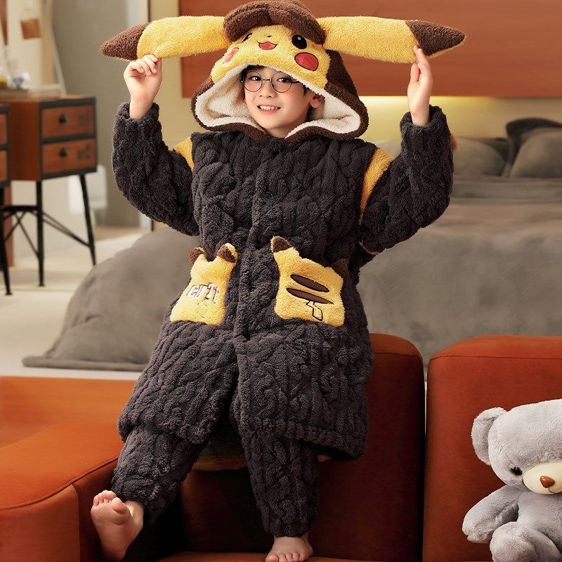 男童睡衣冬儿童加厚加绒冬季长款小孩套装三层夹棉男孩睡袍家居服