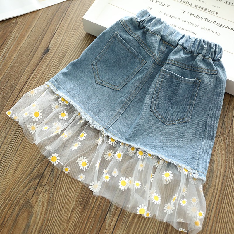 女童牛仔半身裙夏装新款儿童裙子小雏菊网纱裙夏季女孩短裙