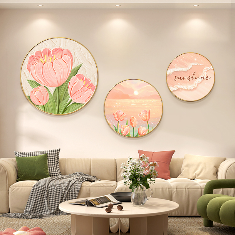 奶油风花卉卧室墙壁装饰画法式高级感客餐厅圆形壁画主卧床头挂画图片