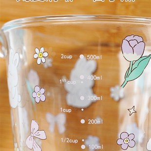 高硼硅玻璃量杯少女心兔子刻度量杯烘焙杯子耐热带盖子