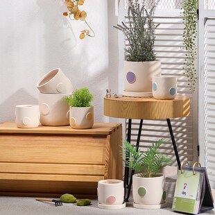 北欧手绘上色陶瓷素胚花盆有孔带底座自吸水陶土罐绿植多肉蝴蝶兰